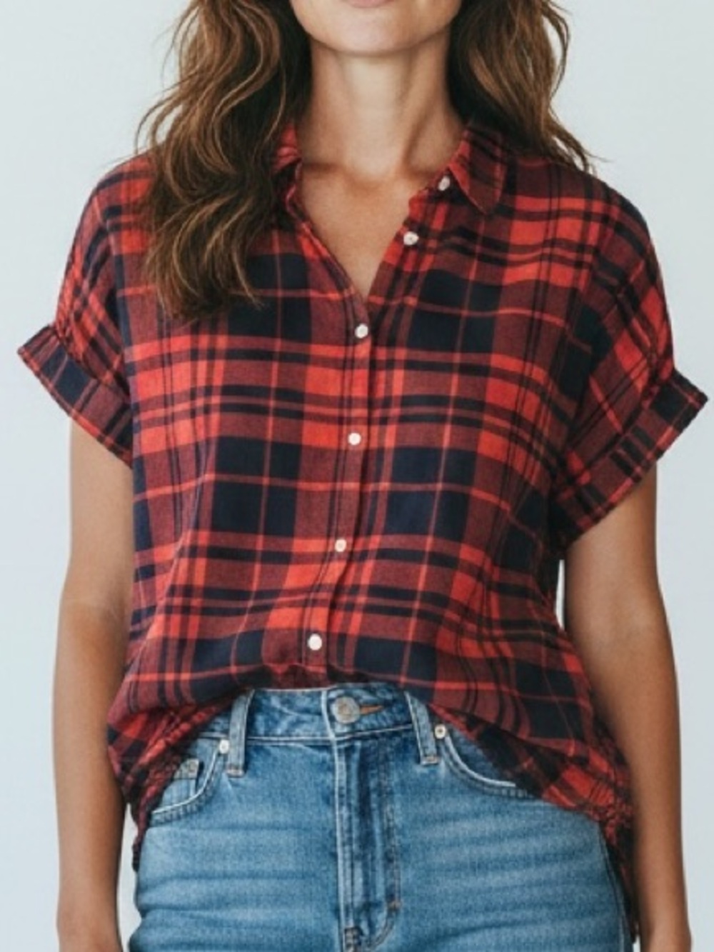 Madewell Red and Navy Plaid Short Sleeve Button-Down